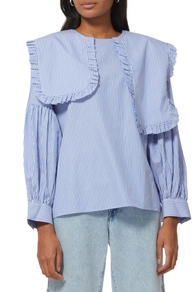 Striped Shirting Removable Collar Shirred Sleeve Top