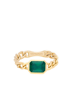 Emerald Vintage Chain Ring, 18k Yellow Gold & Emerald