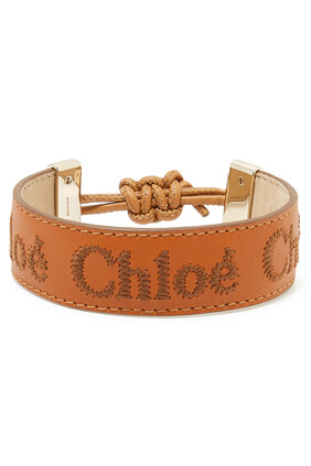 Woody Logo-Embroidered Bracelet, Leather & Brass