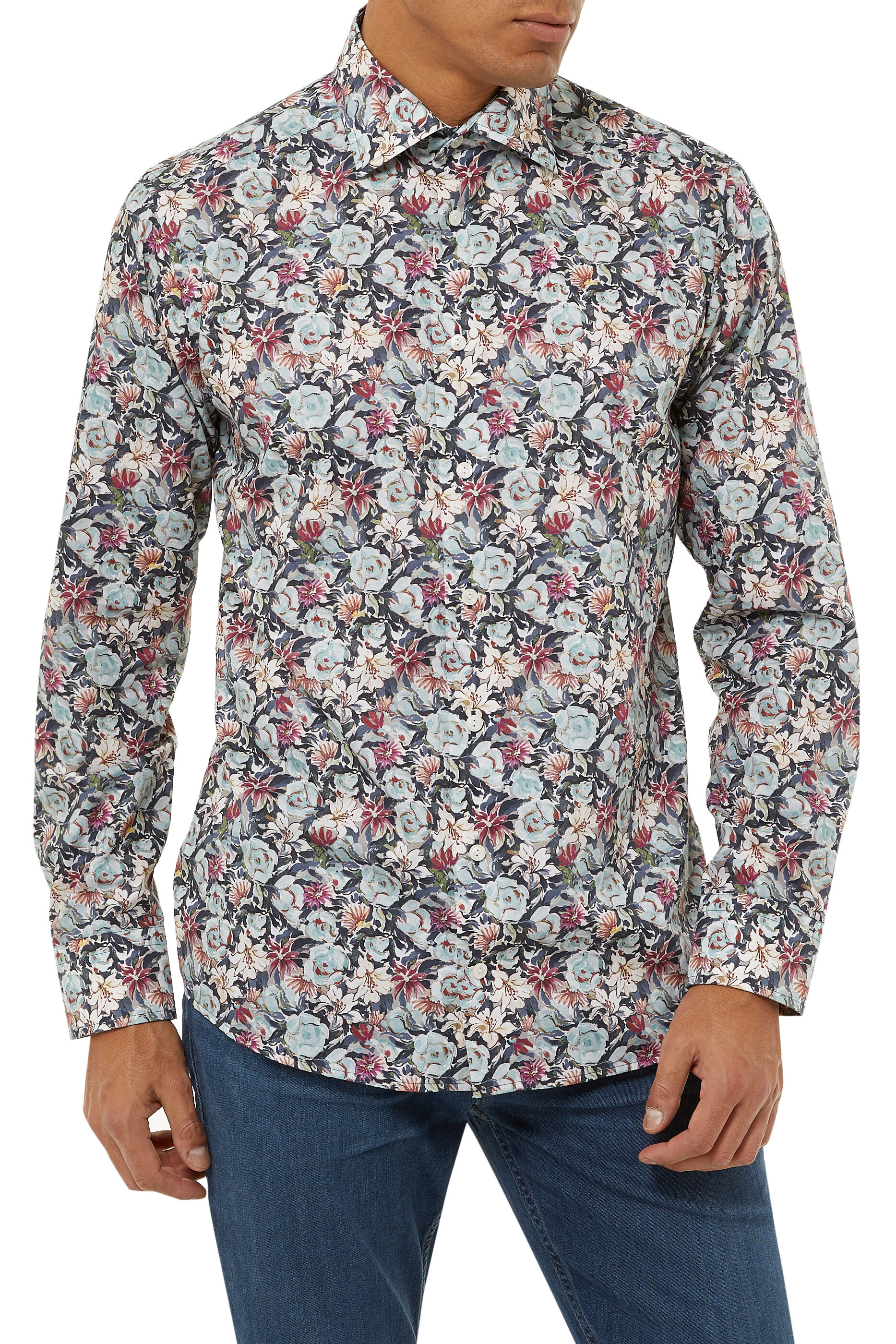 Buy Eton Blue Floral Print Cotton 