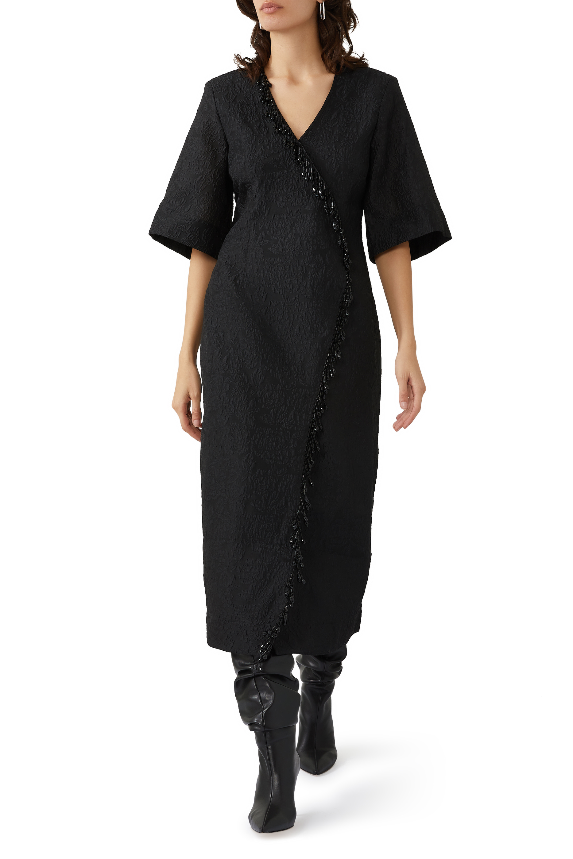 Buy Ganni Jacquard Organza Bead Fringe Wrap Dress for Womens
